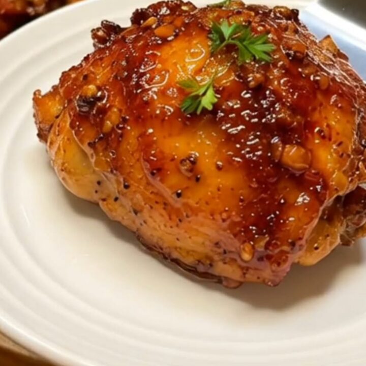 A juicy, caramelized honey garlic chicken thigh garnished with fresh parsley on a white ribbed ceramic plate.