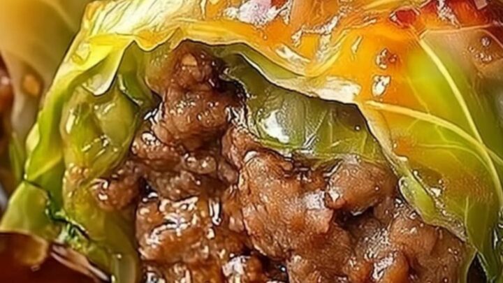 A rustic plate featuring glossy, amber-glazed stuffed cabbage rolls garnished with fresh scallions and sesame seeds.