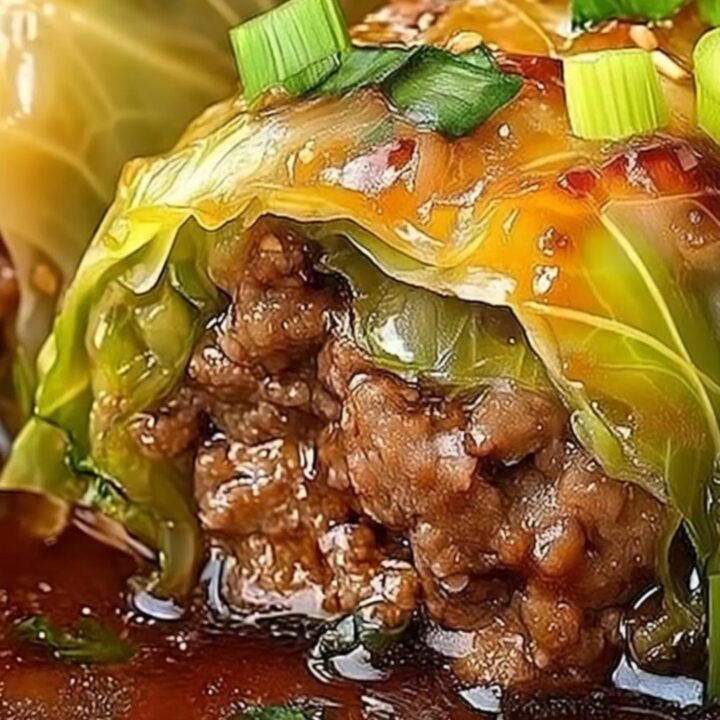 A rustic plate featuring glossy, amber-glazed stuffed cabbage rolls garnished with fresh scallions and sesame seeds.