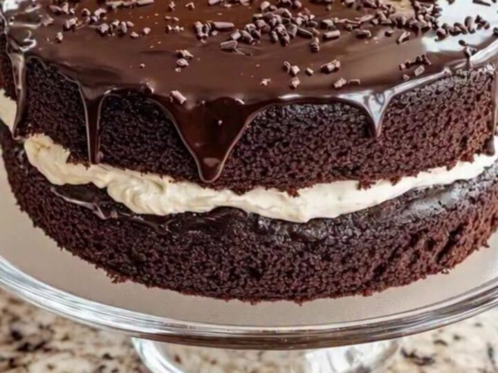 A decadent double-layer chocolate cake with glossy ganache on a glass pedestal.