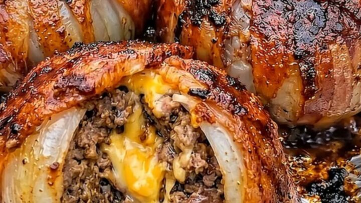A close-up of a bacon-wrapped stuffed onion sliced in half, revealing the juicy beef and molten cheddar center.