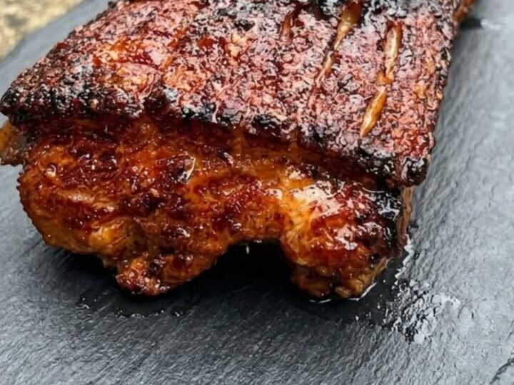 A close-up shot of a perfectly smoked pork belly with a dark, caramelized bark on a slate board.