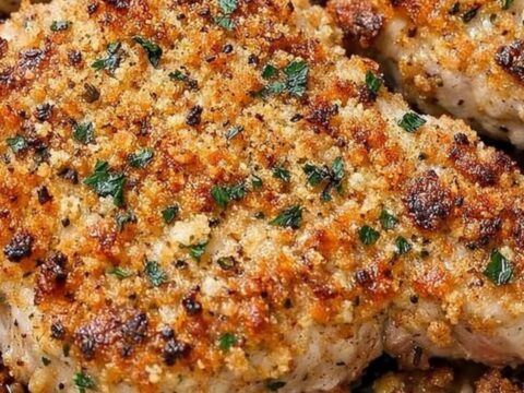 A golden-brown garlic parmesan crusted pork chop resting on a plate with fresh parsley.