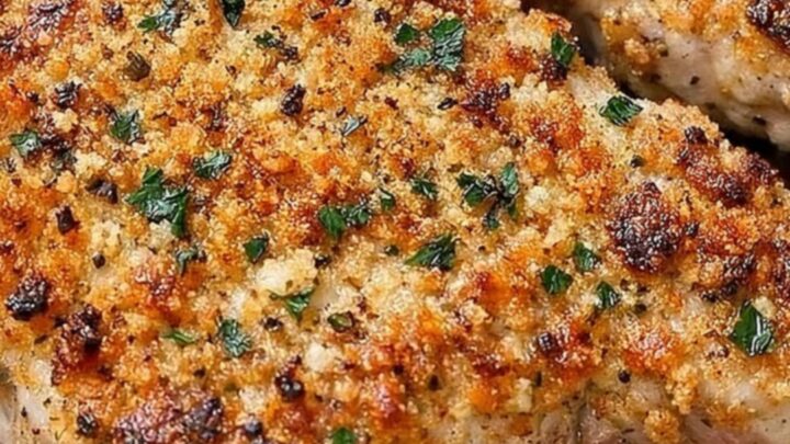 A golden-brown garlic parmesan crusted pork chop resting on a plate with fresh parsley.
