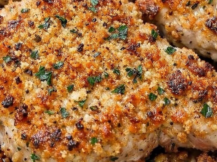 A golden-brown garlic parmesan crusted pork chop resting on a plate with fresh parsley.