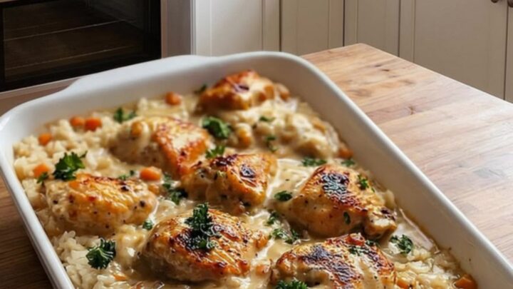 A creamy smothered chicken and rice dish in a white ceramic baker on a wooden island.