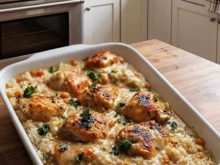 A creamy smothered chicken and rice dish in a white ceramic baker on a wooden island.