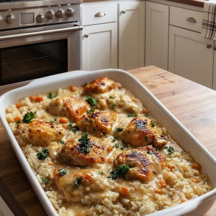 A creamy smothered chicken and rice dish in a white ceramic baker on a wooden island.