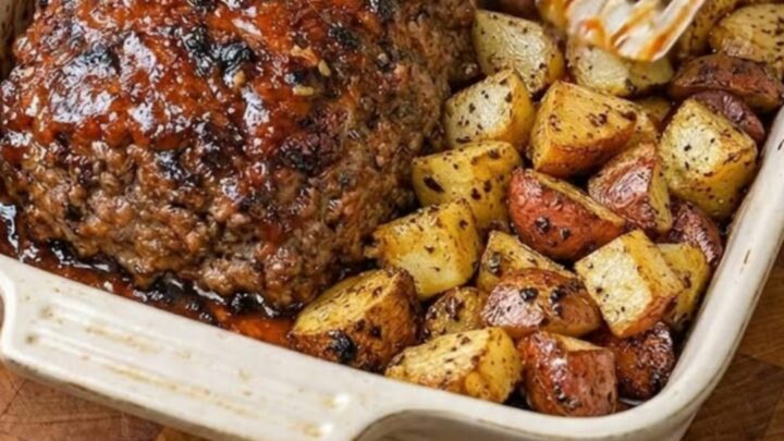 A glistening, glazed meatloaf with roasted potatoes on a wooden board.