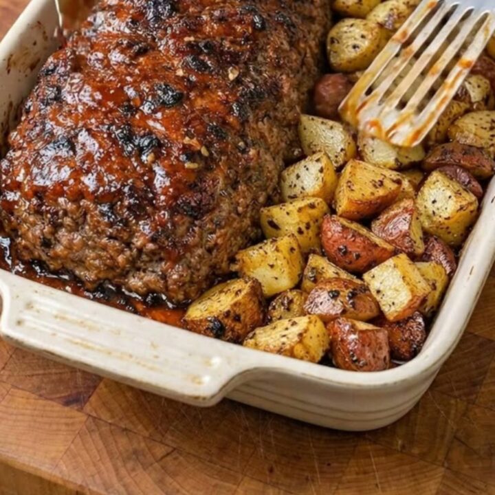 A glistening, glazed meatloaf with roasted potatoes on a wooden board.