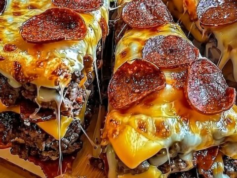 A towering deep-dish pizza pie on a wooden board with steam rising and a dramatic cheese pull.