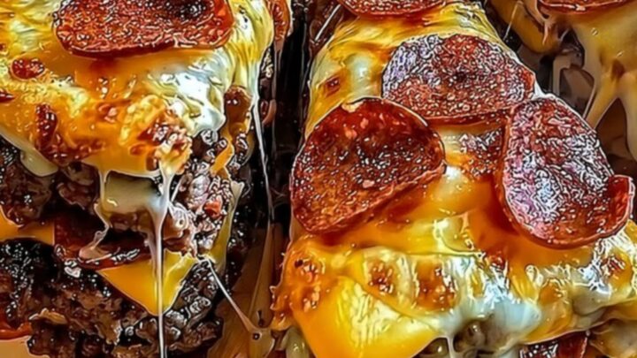 A towering deep-dish pizza pie on a wooden board with steam rising and a dramatic cheese pull.