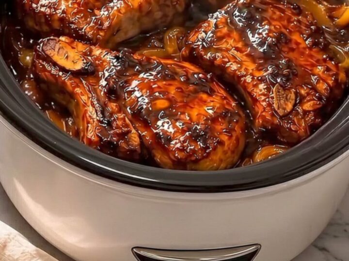 Four caramelized honey garlic pork chops resting in a slow cooker with steam rising.