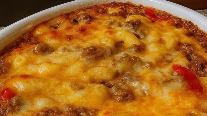 A steaming scoop of cheesy beef macaroni casserole showing a long cheese pull and bubbly golden-brown crust.