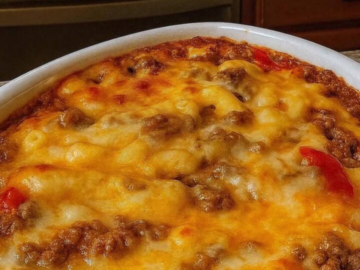 A steaming scoop of cheesy beef macaroni casserole showing a long cheese pull and bubbly golden-brown crust.