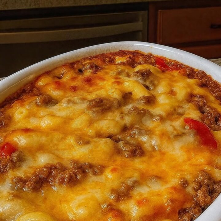 A steaming scoop of cheesy beef macaroni casserole showing a long cheese pull and bubbly golden-brown crust.