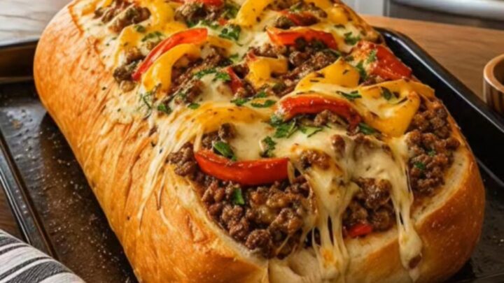 A golden-brown stuffed French bread loaf on a dark baking sheet, overflowing with melted cheese and peppers.