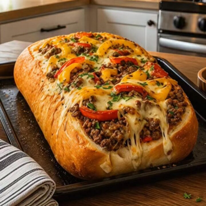 A golden-brown stuffed French bread loaf on a dark baking sheet, overflowing with melted cheese and peppers.