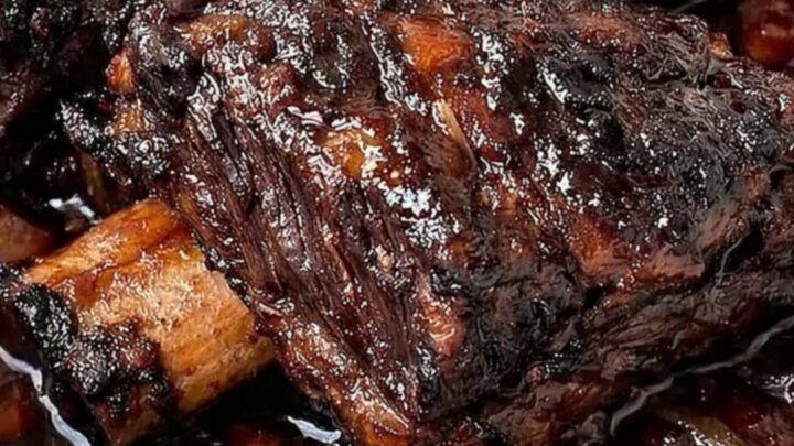 A close-up of tender, glazed beef short ribs with a dark, caramelized crust resting in a white slow cooker.
