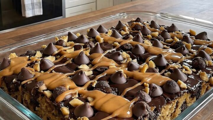 A warm chocolate dump cake in a glass dish with a peanut butter drizzle and chopped nuts.