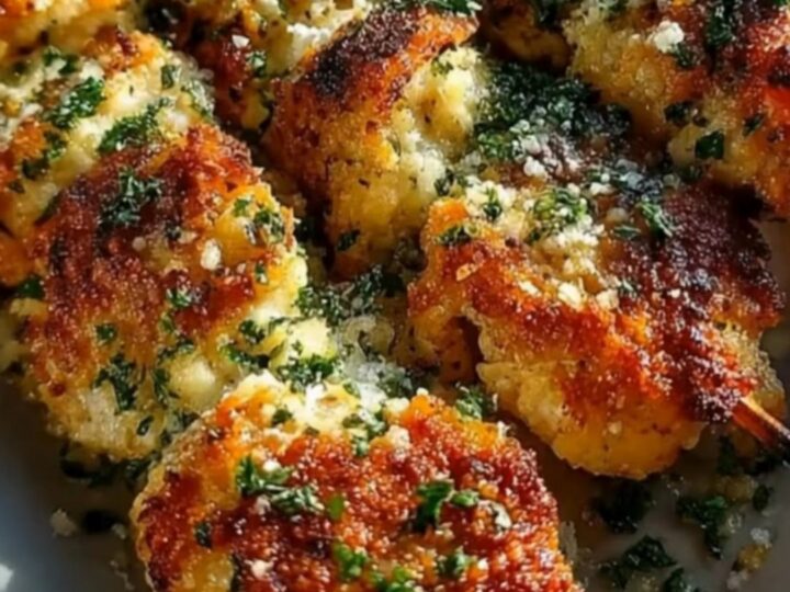 A platter of golden-crusted garlic parmesan chicken skewers garnished with fresh herbs and lemon wedges.