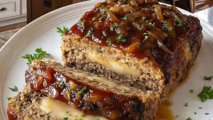 A perfectly sliced French onion meatloaf on a white platter, revealing a molten mozzarella center.