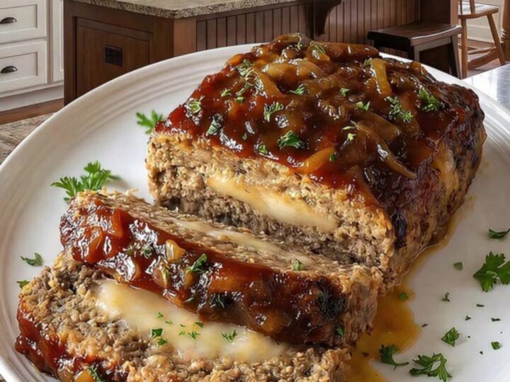 A perfectly sliced French onion meatloaf on a white platter, revealing a molten mozzarella center.