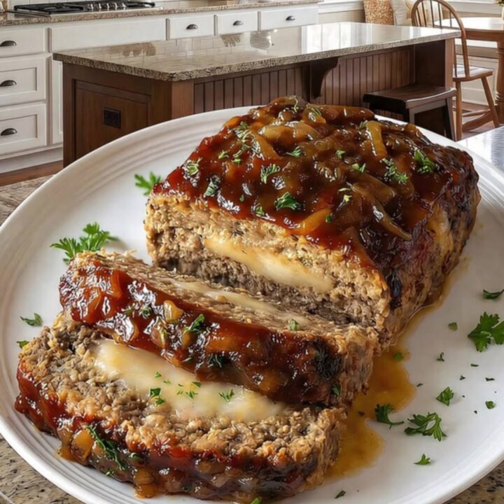 A perfectly sliced French onion meatloaf on a white platter, revealing a molten mozzarella center.
