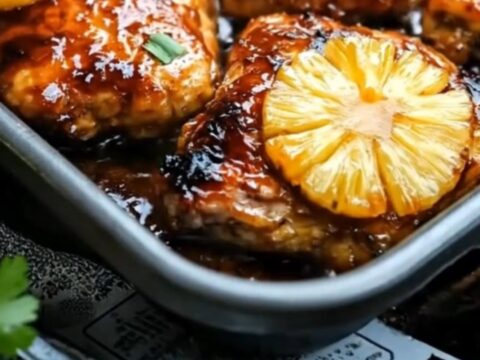 Sticky pineapple chicken thighs glazed in amber sauce with charred pineapple rings in a baking tray.