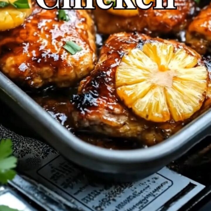Sticky pineapple chicken thighs glazed in amber sauce with charred pineapple rings in a baking tray.