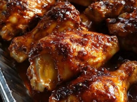 A tray of sticky, glossy honey BBQ chicken drumsticks glistening under warm light.