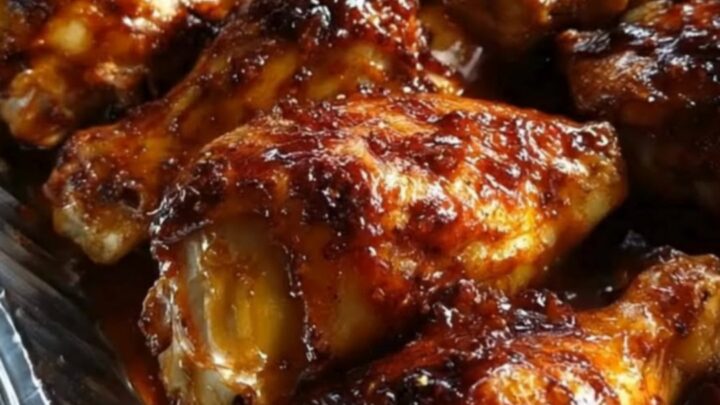 A tray of sticky, glossy honey BBQ chicken drumsticks glistening under warm light.