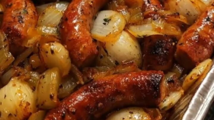 A close-up of golden-brown roasted sausages nestled in a bed of caramelized, glistening onions inside a silver tray.