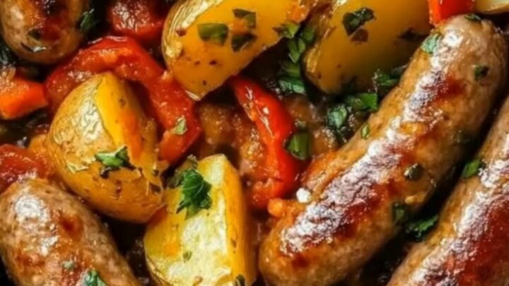 A rustic black skillet filled with browned sausage rounds, golden crispy baby potatoes, and tender red pepper strips.