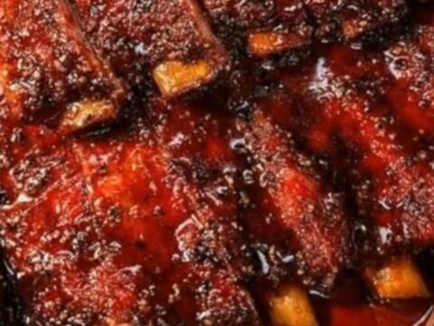 A rack of sticky, oven-baked BBQ ribs with a glossy, dark-red glaze on a parchment-lined baking tray.