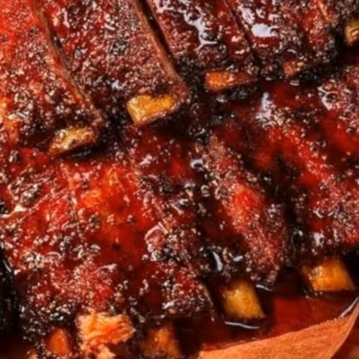 A rack of sticky, oven-baked BBQ ribs with a glossy, dark-red glaze on a parchment-lined baking tray.