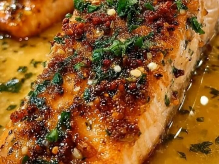 Two perfectly seared salmon fillets topped with a glossy garlic herb butter sauce in a white dish.