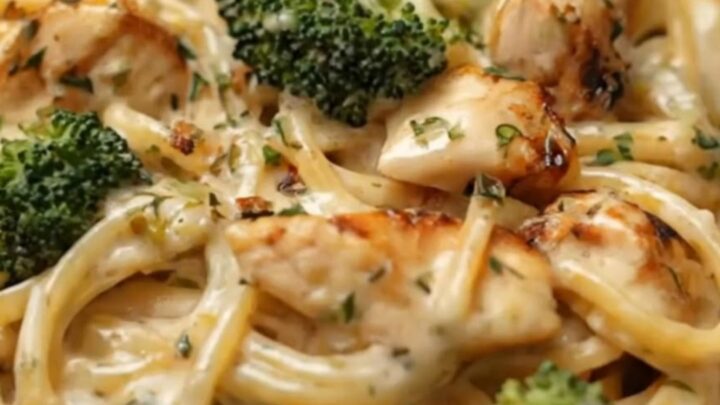 A close-up of a fork lifting creamy linguine, seared chicken pieces, and vibrant green broccoli from a fluted white bowl.