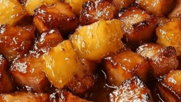 Bouchées de jambon et ananas caramélisées, luisantes sous une lumière chaude et dorée.