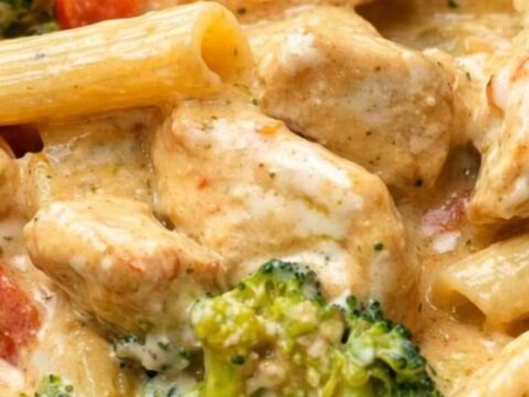 A close-up of creamy chicken penne with bright broccoli and red peppers in a black bowl.