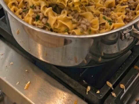 A steaming bowl of creamy ground beef and egg noodles coated in melted cheddar cheese and fresh parsley.