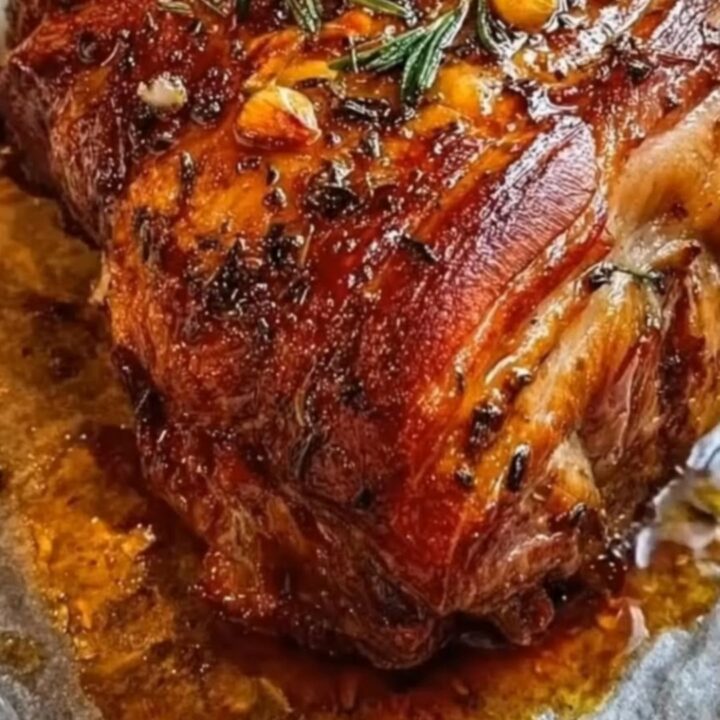 A golden-brown roasted beef knuckle resting on parchment paper with crispy blistered skin.