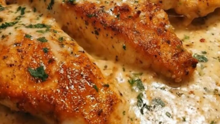 Three golden-brown seared chicken breasts resting in a rich, creamy garlic parmesan sauce in a cast-iron skillet.
