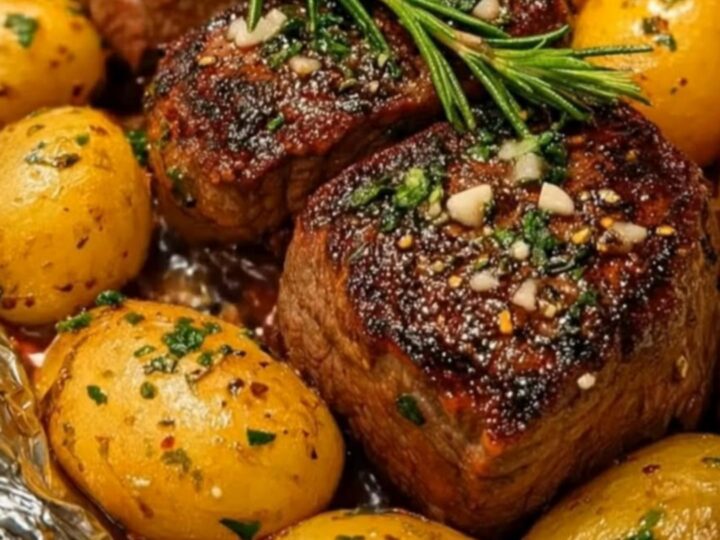 A close-up shot of juicy seared steak cubes and roasted baby potatoes glistening with melted garlic butter in a foil packet.
