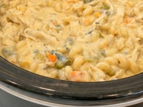 A close-up of glossy spiral pasta and shredded chicken coated in a rich, bubbling cream sauce inside a slow cooker.