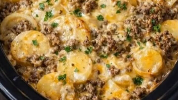 A close-up of a serving of slow cooker beef and potato au gratin with melted cheese and fresh parsley.