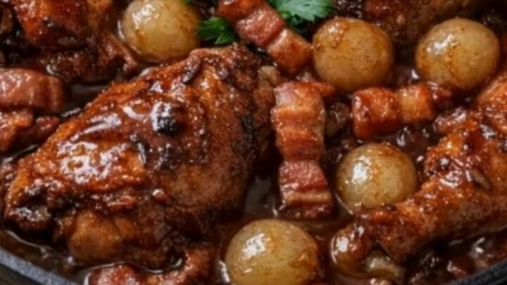 A black cast-iron skillet filled with glazed, wine-braised chicken drumsticks, sweet pearl onions, and crispy bacon