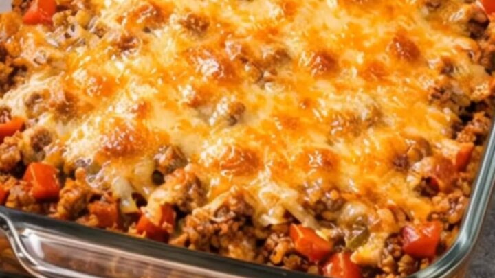 A rectangular glass baking dish filled with savory beef taco casserole and bubbly melted cheese on a gray marble surface