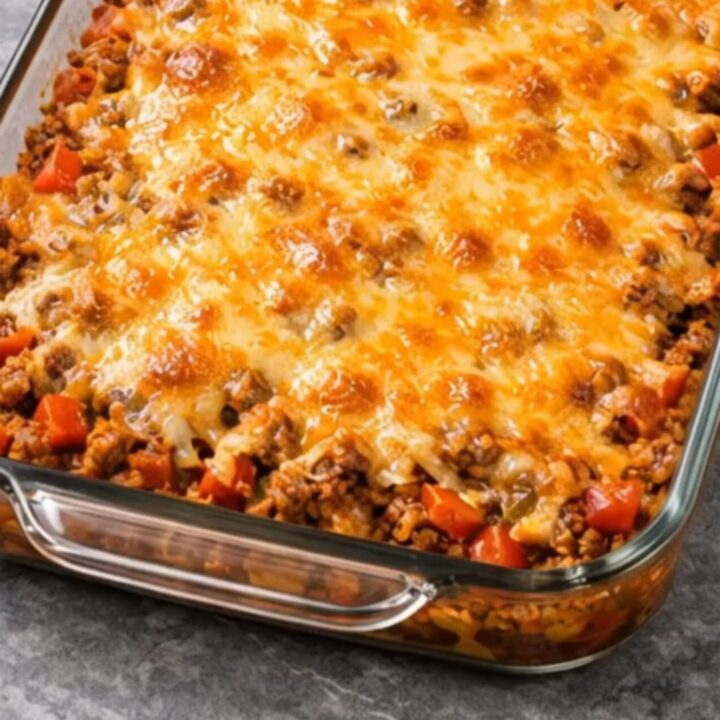 A rectangular glass baking dish filled with savory beef taco casserole and bubbly melted cheese on a gray marble surface