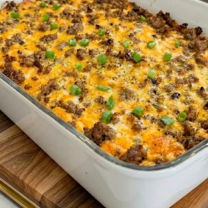 Une casserole de petit-déjeuner dorée et fondante dans un plat en céramique blanc sur une planche en bois.